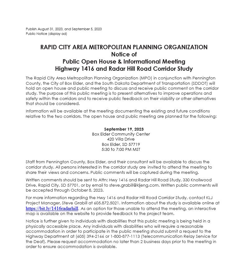 Public notice: open house and informational meeting for the Highway 1416 and Radar Hill Road Corridor Study, September 19, 2023, 5:30 to 7:00 PM, Box Elder Community Center, 420 Villa Drive, Box Elder. Written comments accepted through October 8, 2023; study information at https://bit.ly/1416radarhill.