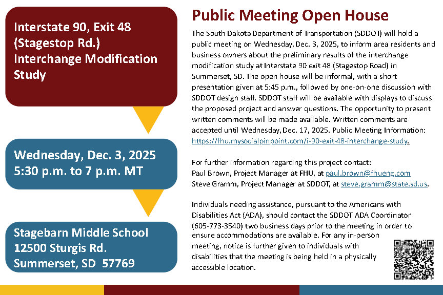 Postcard front: Interstate 90 Exit 48 (Stagestop Road) Interchange Modification Study public open house